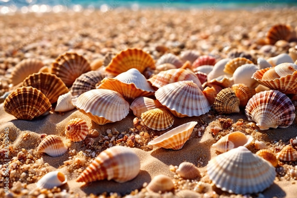 Summer tropical beach vacation concept with seashells, wallpaper background backdrop