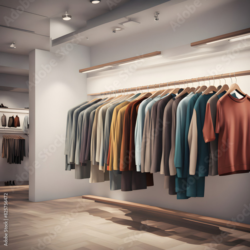 various clothes and shoes hanging in neat rows, in the shop, photographed from the front