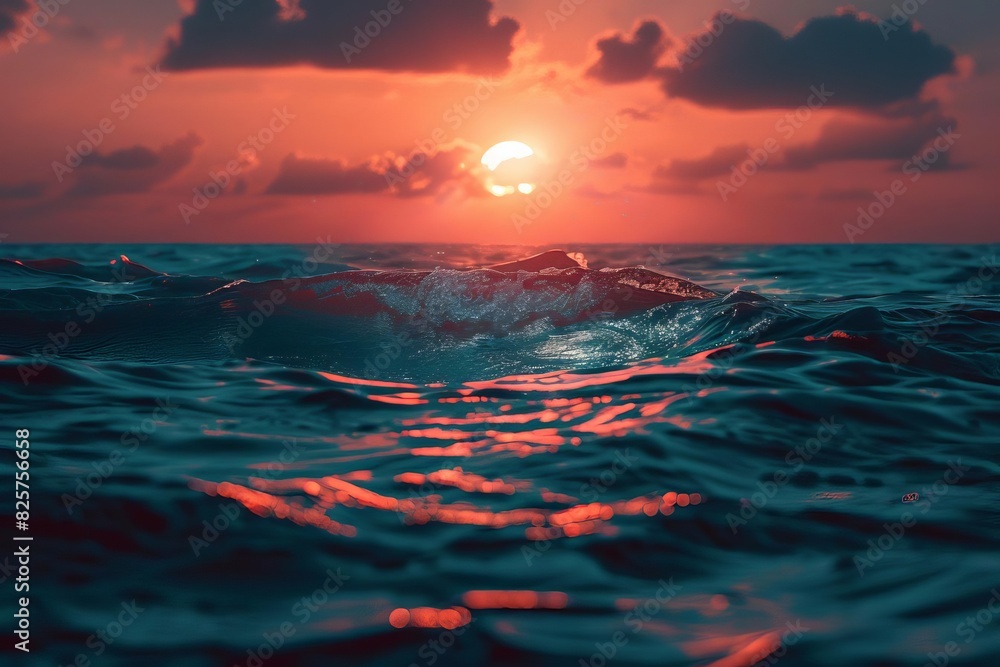 ocean sunset close up, focus on, copy space vibrant horizon hues, double exposure silhouette with waves ocean sunset close up, focus on, copy space vibrant horizon hues, double exposure silhouette with waves