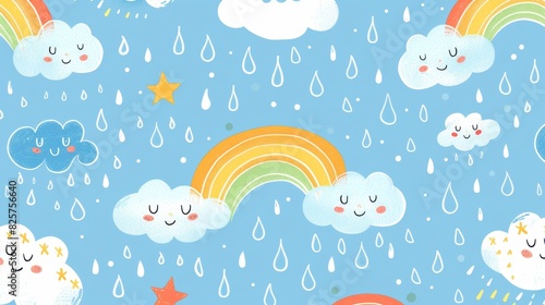Light blue seamless sky pattern with hand-drawn rainbows and gentle rain drops, fun and inviting for kids' designs