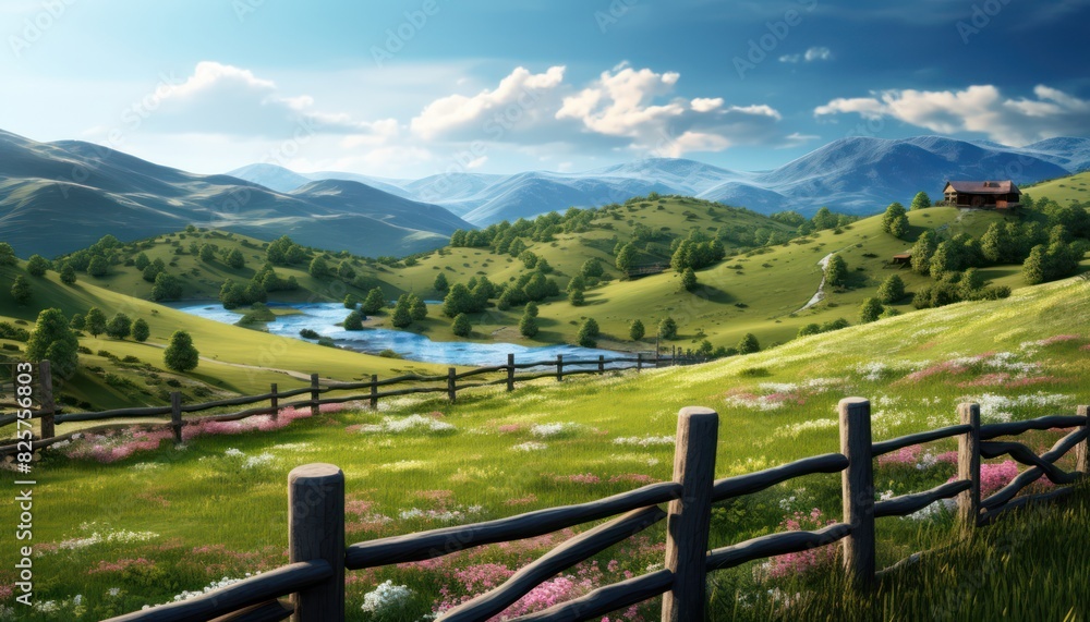 A stunning spring day landscaping views of fertile land surrounded beautiful green vegetation, wide stretches of hills and mountains with clear skies in spring