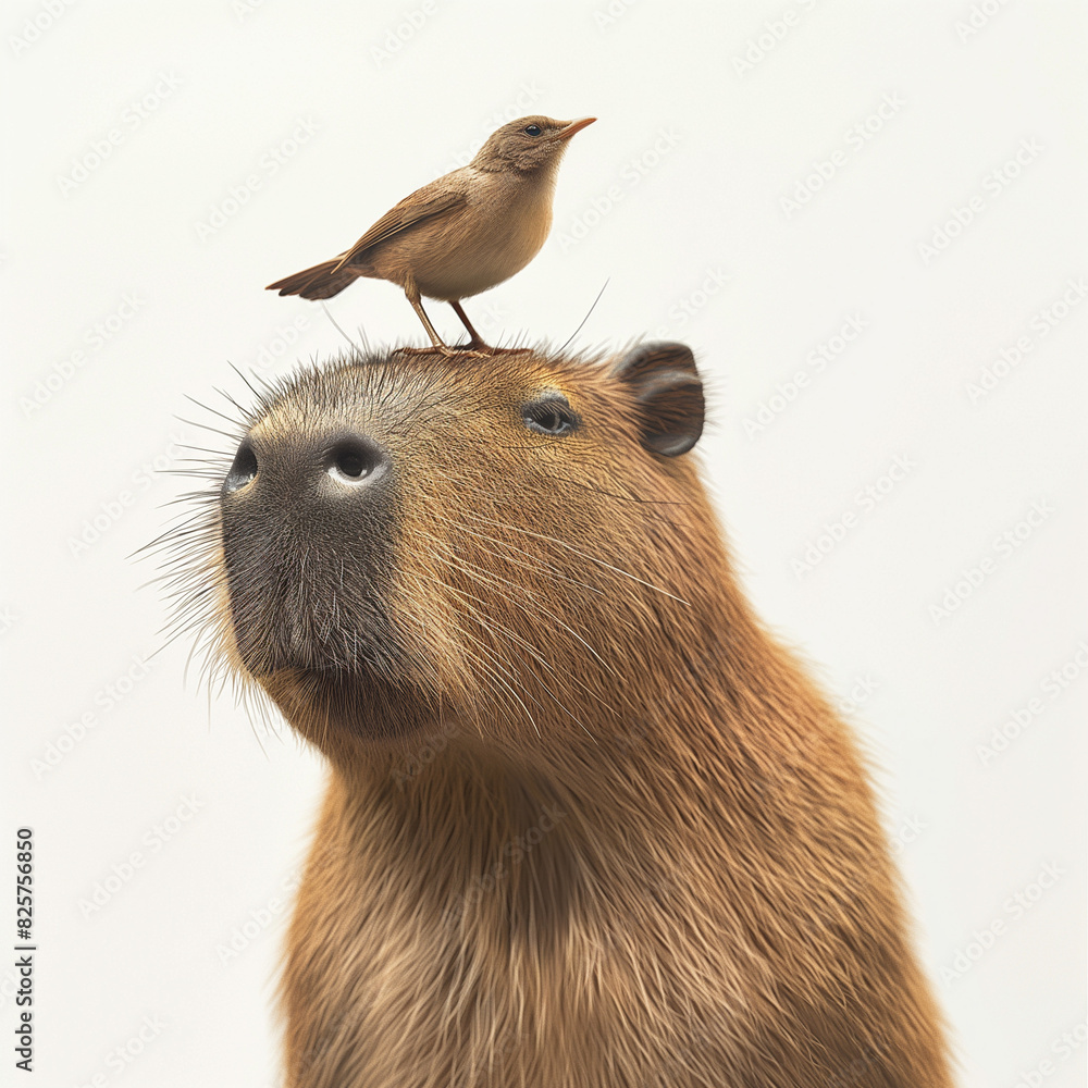 28 - Depict a capybara with a small bird perched on its head, showcasing their gentle nature, against a white background. 28 - Depict a capybara with a small bird perched on its head, showcasing their gentle nature, against a white background.