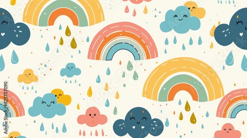 Kids' seamless sky pattern, colorful rainbows arching across, cute rain drops falling, light and airy design