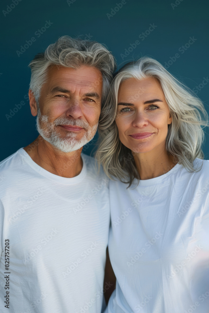 A happy senior couple with grey hair smiles and looks at the camera over a blue background, dressed in white t-shirts.