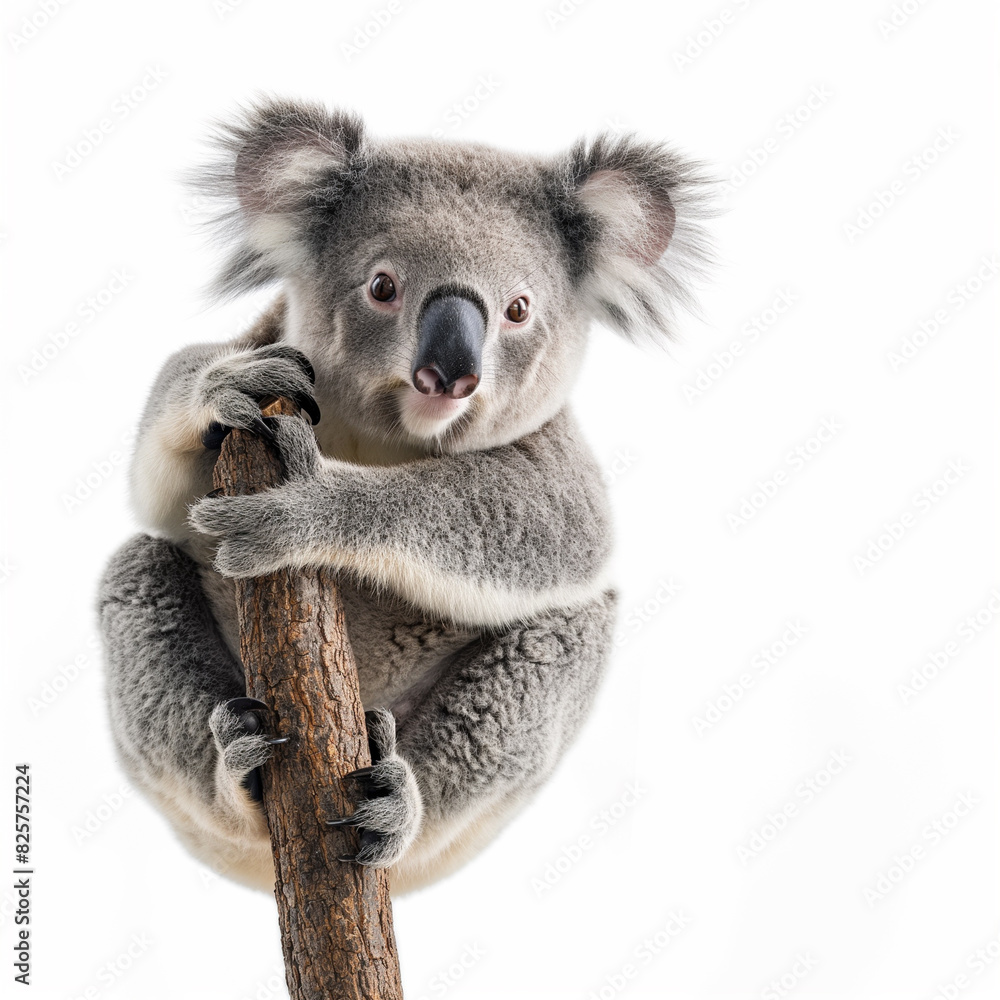5 - Show a koala bear clinging to a eucalyptus branch, looking straight ahead, with a white background. 5 - Show a koala bear clinging to a eucalyptus branch, looking straight ahead, with a white background.