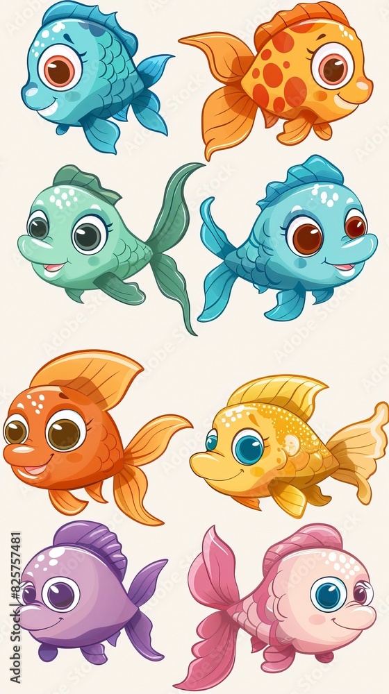 Fototapeta premium Cartoon baby fish set, vector illustration of a fish 