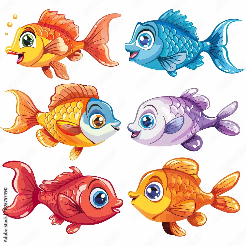 Fototapeta premium Cartoon baby fish set, vector illustration of a fish