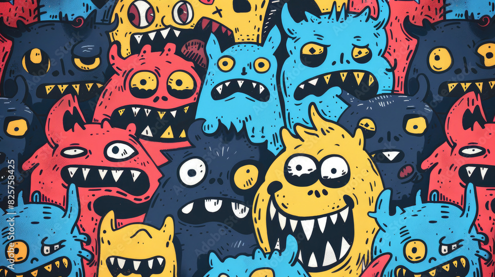 Whimsical Monster Doodle Pattern with Colorful Smiling Characters Whimsical Monster Doodle Pattern with Colorful Smiling Characters