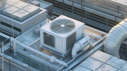High-detail view of a commercial air conditioning system, highlighting the external exhaust pipe and vent on an industrial building roof photo