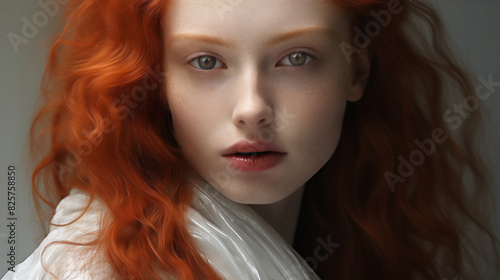 Closeup of a model with pale skin and firry red hair.