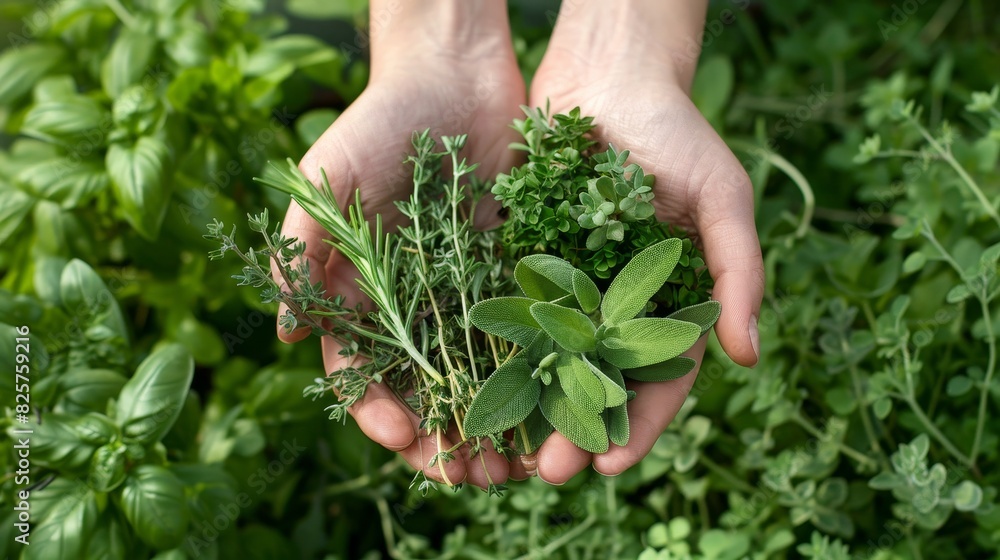 Hands gently holding a bundle of fresh herbs, isolated garden background, studio lighting, emphasizing the green and natural textures Hands gently holding a bundle of fresh herbs, isolated garden background, studio lighting, emphasizing the green and natural textures