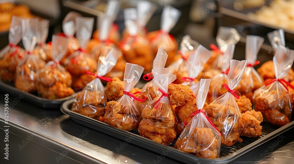 Fried Chicken Kholistic Neatly Wrapped Individual Cutlets in Decorative Bags on a Metal Tray