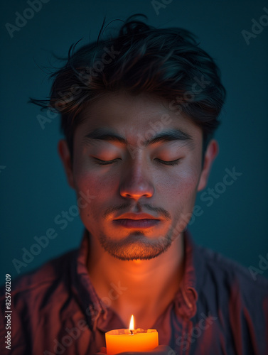 A young man from Nepal, in candle light meditating.  photo