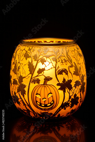 Lit pumpkin jar with carved pumpkin on it's side.