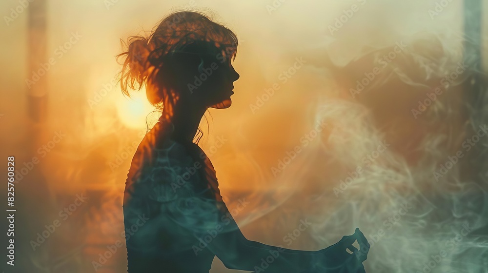 yoga exercise close up, focus on, copy space bright serene tones, double exposure silhouette with yoga pose yoga exercise close up, focus on, copy space bright serene tones, double exposure silhouette with yoga pose