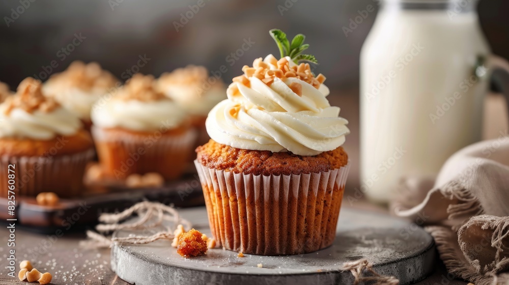 Carrot cupcake with cream cheese frosting and a glass of milk with cupcakes in the background Carrot cupcake with cream cheese frosting and a glass of milk with cupcakes in the background