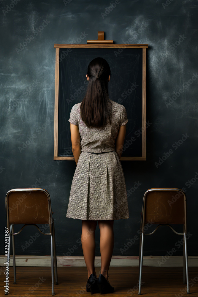Woman standing in front of chalkboard with chalkboard in the back. Woman standing in front of chalkboard with chalkboard in the back.