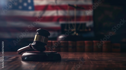 Gavel on table, flag background, clear text area, emphasizing swift justice photo