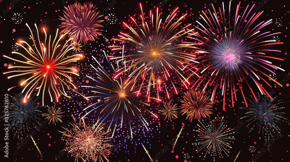 Explosive fireworks in full bloom, Happy New Year banner, bright and colorful, festive celebration, captivating and dynamic design Explosive fireworks in full bloom, Happy New Year banner, bright and colorful, festive celebration, captivating and dynamic design