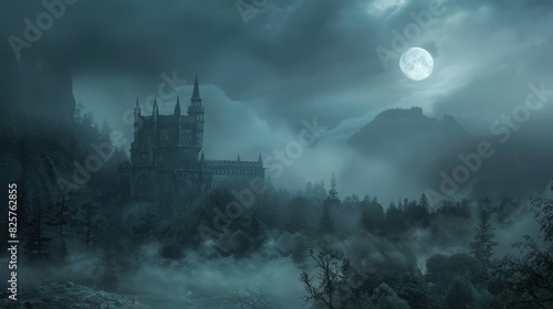 Enchanted night landscape  ancient fairytale castle bathed in moonlight  misty forest surrounding  mystical fog rolling over the grounds  serene and magical