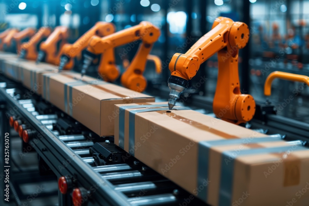 Fototapeta premium Robotic arms in modern automated factory production line for efficient manufacturing