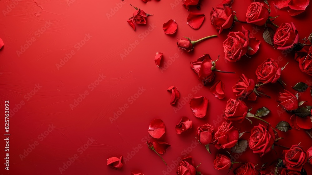 Elegant red roses scattered on a vibrant red background, perfect for a stunning Valentine's Day banner, capturing romantic essence Elegant red roses scattered on a vibrant red background, perfect for a stunning Valentine's Day banner, capturing romantic essence