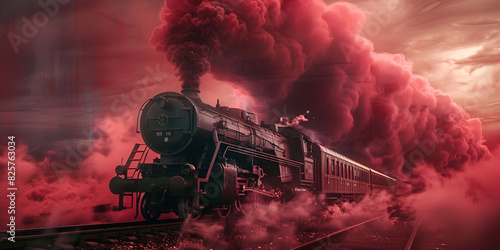 Red steam on a black steam train in the mountains on red background.  photo