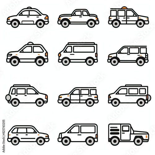 Car icon set in linear style. Transport symbol. Vector illustration