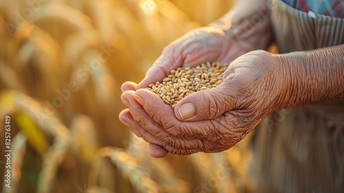 Elderly hands delicately holding a handful of golden wheat grains, the background blurring to reveal a field of waving wheat