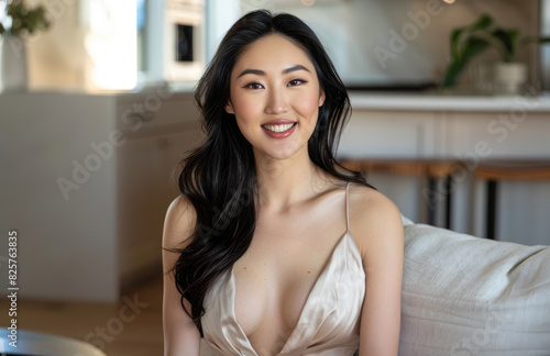 A beautiful Asian woman with long black hair, smiling and sitting on the sofa in her living room is wearing an elegant beige dress. 