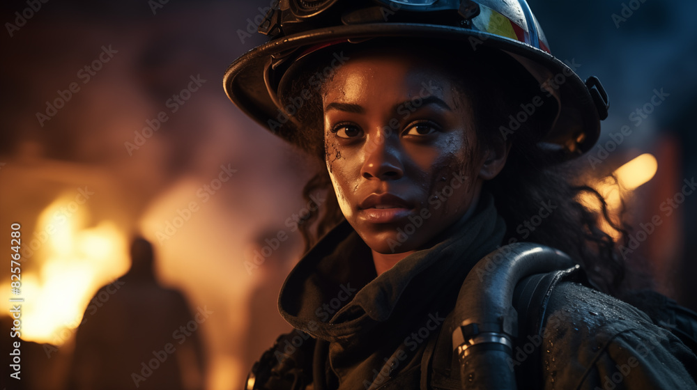 Black person firefighter in full gear. Black person firefighter in full gear.