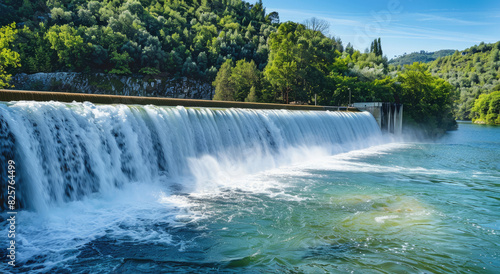 A beautiful dam with water flowing over the walls  surrounded by lush greenery and trees under clear blue skies