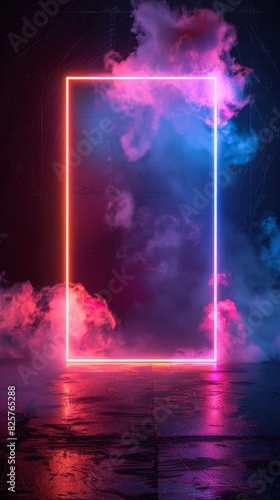 3d render, colorful neon light rectangle on dark background with fog and cloud. Colorful abstract wallpaper.