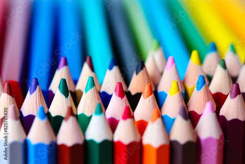 Close up of group of colored pencils with rainbow background.