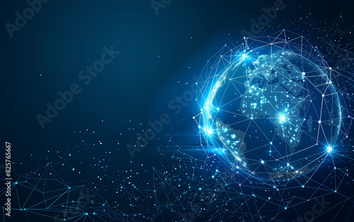 BLACK finish, with a dark blue gradient background and glowing light effect. A digital world map in the shape of a global network connection structure. An abstract vector illustration of a social netw