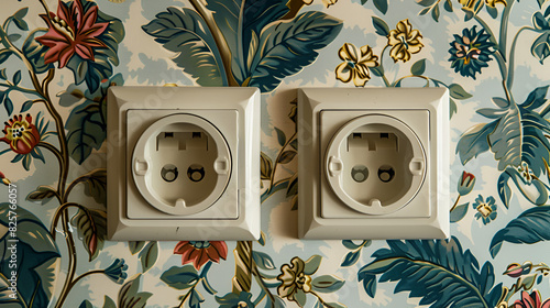 Common cheap plastic AC power wall outlet, Plastic German double socket-outlets grounding, Two European electrical outlets type F without a decorative plastic frame installed on the wall, Generative A photo