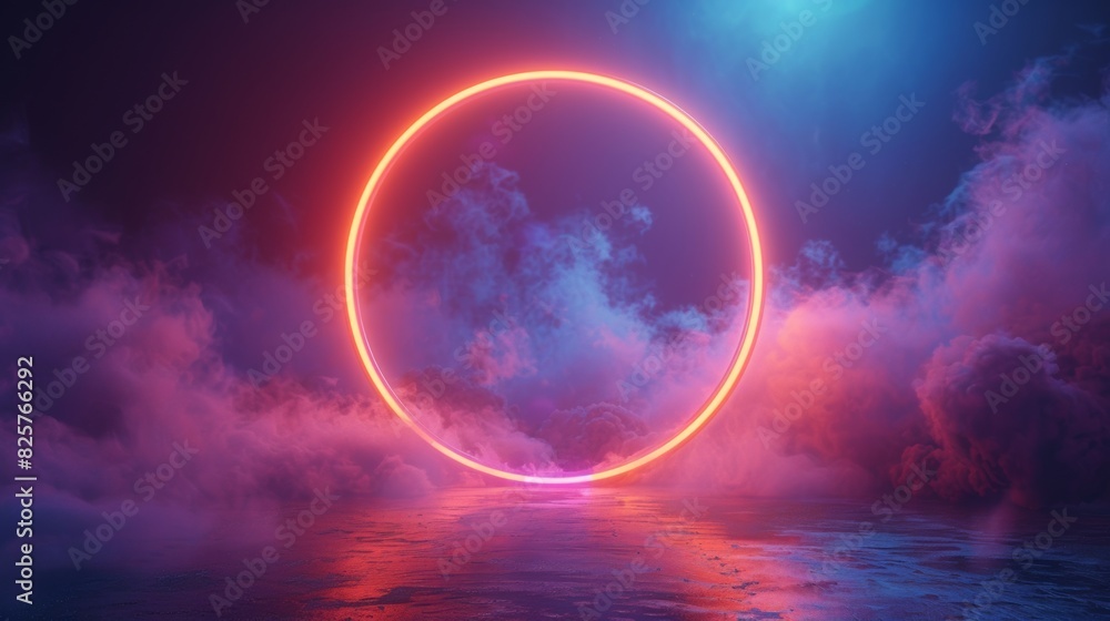 3d render, colorful neon light circle on dark background with fog and cloud. Colorful abstract wallpaper.