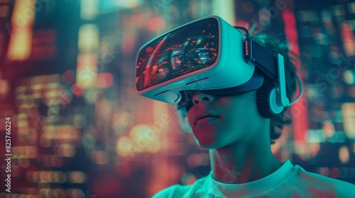 A young person utilizing a virtual reality headset, donning goggles, and prepared for a game in a futuristic cyberspace - abstract concept of virtual reality, innovation, and new technology