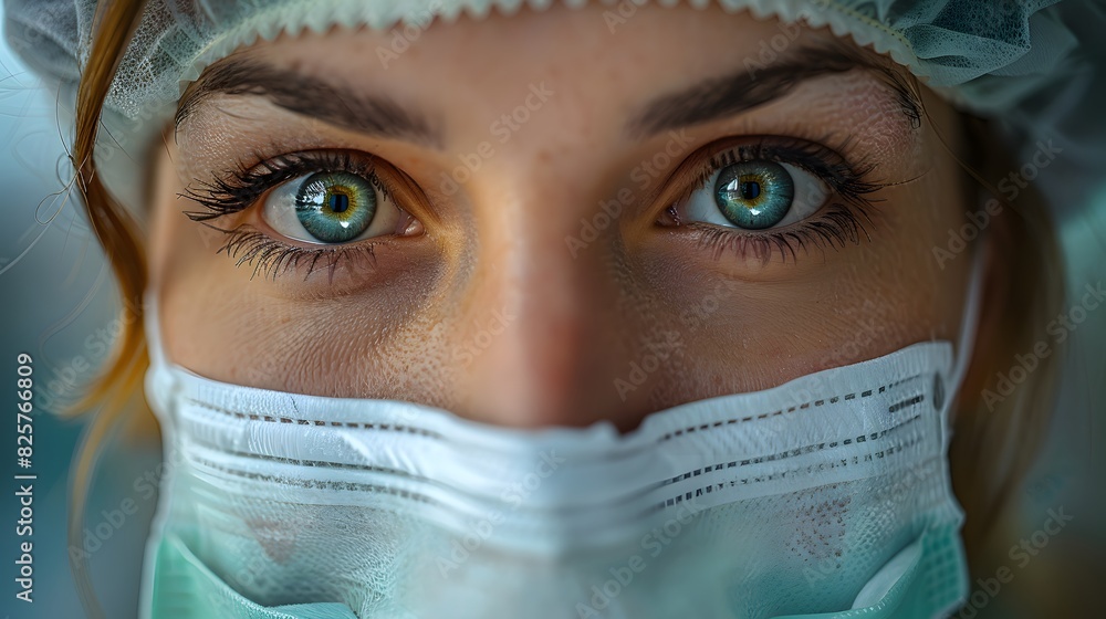 A healthcare worker smiling behind a mask, eyes crinkling with genuine warmth and kindness. List of Art Media Photograph inspired by Spring magazine A healthcare worker smiling behind a mask, eyes crinkling with genuine warmth and kindness. List of Art Media Photograph inspired by Spring magazine