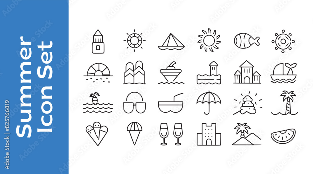 Summer Icon Set with editable vector outline. 