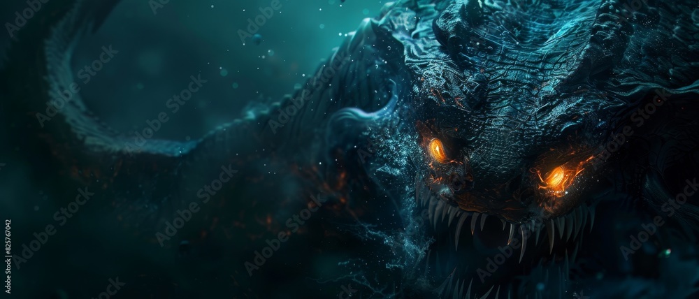 A terrifying sea monster with glowing eyes lurks in the dark ocean, creating a sense of fear and mystery in the underwater world.