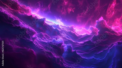 futuristic neon landscape in abstract form. Nebula with pink and purple lights.