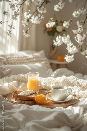  Mother s Day : A delightful breakfast in bed picture a sunlit morning at home complete with a tray.