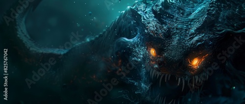 A terrifying sea monster with glowing eyes lurks in the dark ocean  creating a sense of fear and mystery in the underwater world.