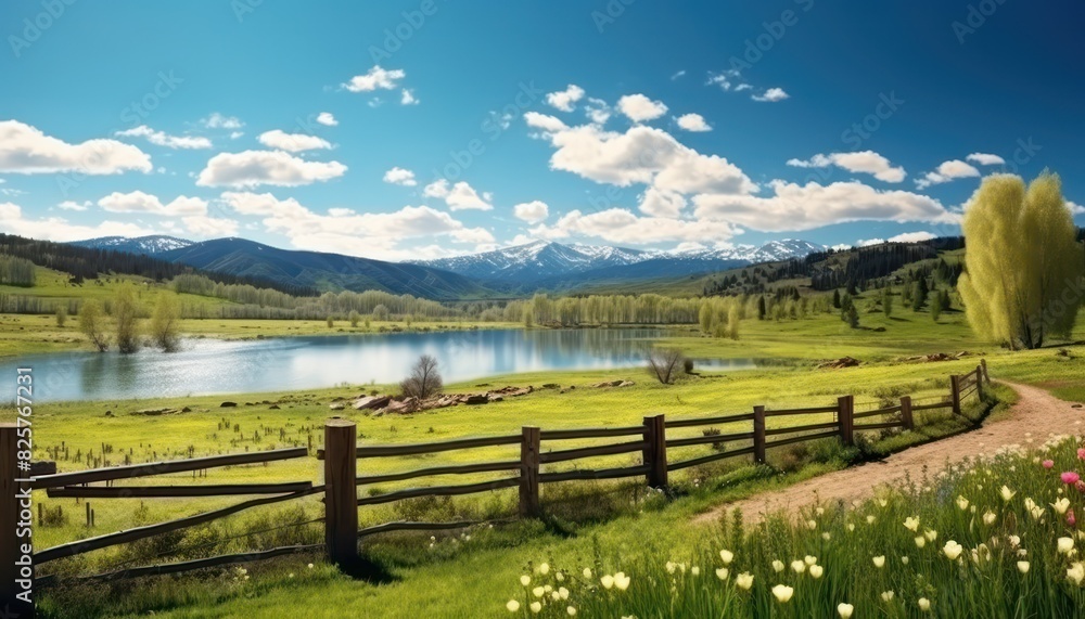 A stunning spring day landscaping views of fertile land surrounded beautiful green vegetation, wide stretches of hills and mountains with clear skies in spring A stunning spring day landscaping views of fertile land surrounded beautiful green vegetation, wide stretches of hills and mountains with clear skies in spring
