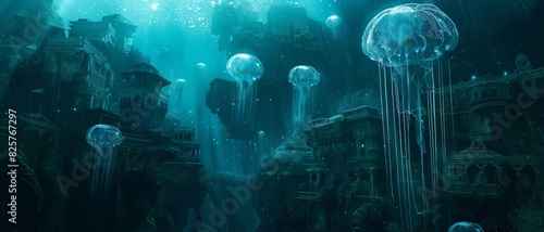 Bioluminescent jellyfish gracefully float above a sunken city, illuminating the ancient ruins below.