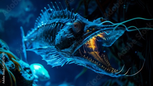 A terrifying deep sea fish with a glowing mouth and sharp teeth, lurking in the dark ocean depths, ready to hunt. © TPS Studio
