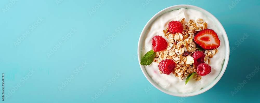 yogurt and fruit muesli on a blue background. yogurt and fruit muesli on a blue background.