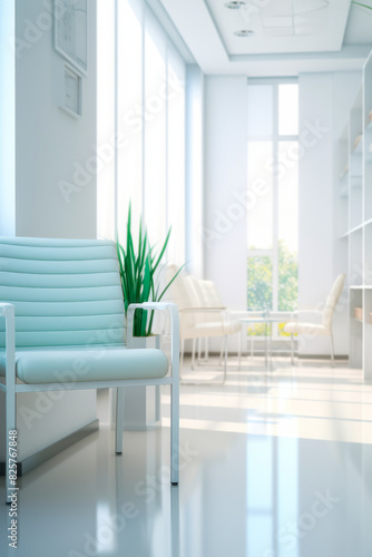White room with chair and table with plant. © VISUAL BACKGROUND