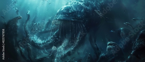 A massive sea creature with its mouth wide open, surrounded by smaller marine life, creating a dramatic underwater scene.